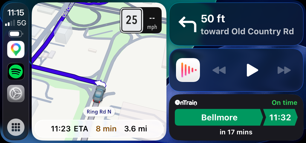 OnTrain on CarPlay showing trip to Bellmore