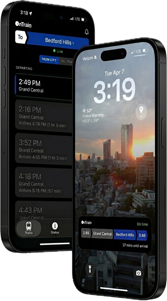 OnTrain app on two iPhones — rider selects a train, driver sees live tracking on lock screen