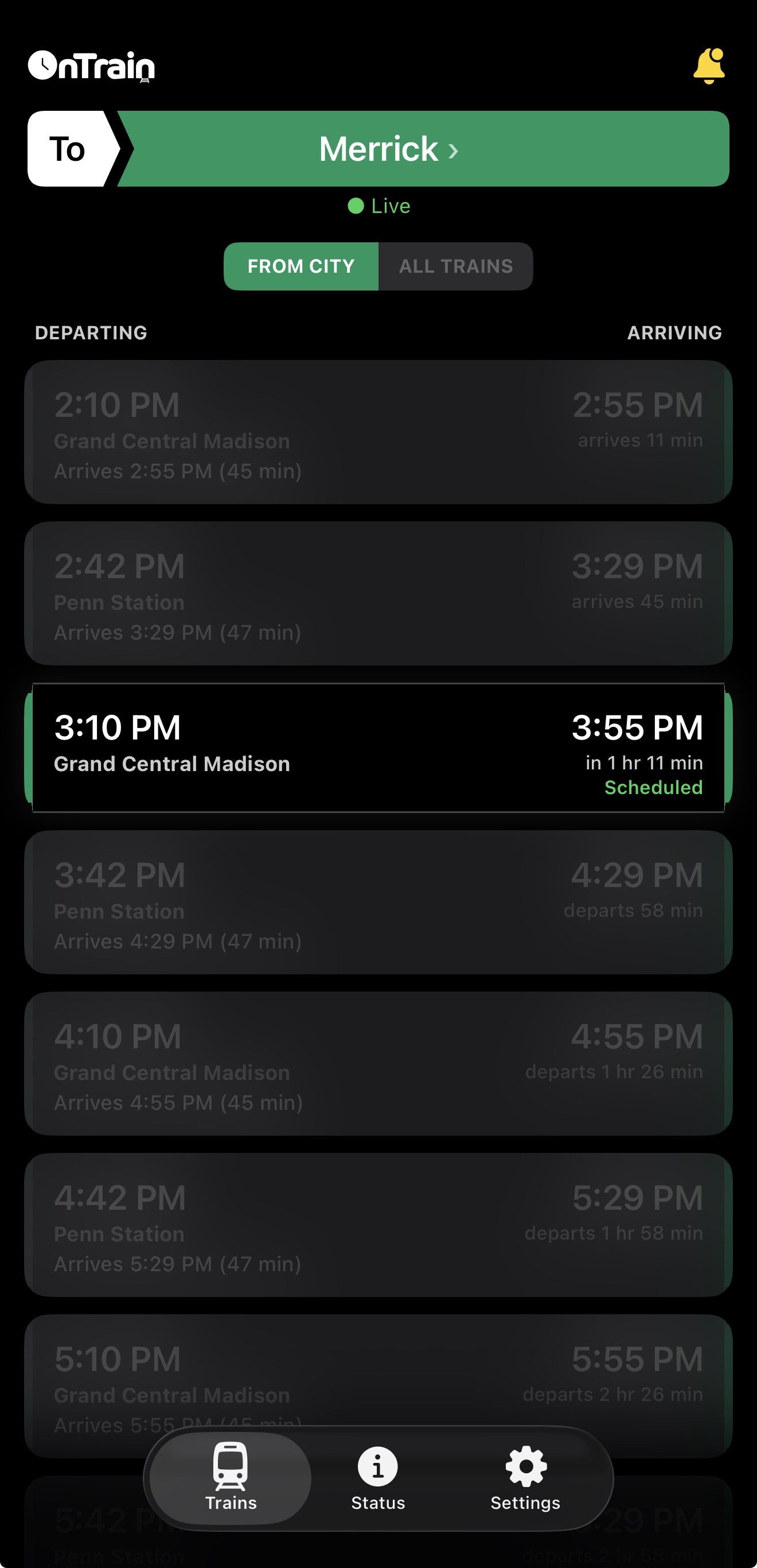 OnTrain app showing train arrivals for Merrick station