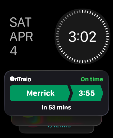 OnTrain on Apple Watch showing trip to Merrick